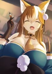  ^_^ animal_ears black_gloves breasts brush closed_eyes commentary dog_ears female genshin_impact gloves hair_ornament highres hina_(genshin_impact) large_breasts light_brown_hair long_hair long_sleeves looking_at_viewer makino oerba_yun_fang open_mouth paw_print solo upper_body 