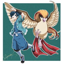  1boy absurdres akiwashi black_wristband blue_eyes blue_hair blue_jacket blue_kimono border commentary_request falkner_(pokemon) full_body hair_over_one_eye highres jacket japanese_clothes kimono kneehighs leg_up male_focus open_clothes open_jacket outline pidgeot pokemon pokemon_(creature) pokemon_hgss sash shoes short_hair short_sleeves signature socks white_border white_legwear wristband 