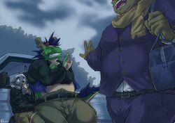  2021 anthro asian_mythology bottomwear brown_body canid canine car chuukichi_(morenatsu) closed_eyes clothing detailed_background dragon east_asian_mythology eastern_dragon green_body grey_body group hi_res humanoid_hands kemono kounosuke_(morenatsu) male mammal mesidukainumaru morenatsu mouse murid murine mythological_creature mythological_scalie mythology outside overweight overweight_male pants raccoon_dog rodent scalie scarf shirt sweater tail tanuki tatsuki_(morenatsu) topwear vehicle 