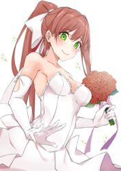  alternate_costume bare_shoulders blush bouquet breasts brown_hair collarbone commentary doki_doki_literature_club dress elbow_gloves english_commentary female flower gloves green_eyes hair_ribbon highres holding holding_bouquet long_hair medium_breasts monika_(doki_doki_literature_club) ponytail ribbon simple_background smile solo strapless strapless_dress wedding_dress white_background white_dress white_gloves white_ribbon xhunzei 