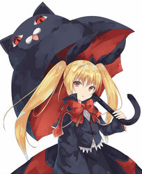  animal-themed_umbrella arm_at_side bad_id bad_pixiv_id black_cat black_jacket black_ribbon black_skirt black_umbrella blazblue bow bowtie cowboy_shot feline female hair_ribbon holding holding_umbrella iroha_(unyun) jacket long_hair long_sleeves looking_at_viewer nago parted_lips rachel_alucard red_bow red_bowtie red_eyes ribbon simple_background skirt solo twintails umbrella white_background 