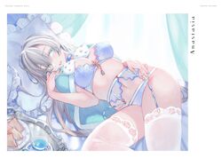  anastasia_(fate) bare_arms between_breasts blue_bra blue_choker blue_cloak blue_eyes blue_nails blue_panties blue_theme blush bra breasts breasts_apart choker cloak cowboy_shot cup curtains english_commentary fate/grand_order fate_(series) female fingernails food frilled_pillow frills fur-trimmed_cloak fur_trim garter_belt gem grey_hair hair_between_eyes hand_on_own_hip hand_up highres indoors jewelry lace lace-trimmed_legwear lace_trim long_hair looking_to_the_side lying medium_breasts midriff nail_polish navel on_back on_bed open_mouth panties pendant pillow sandwich shiny_skin sidelighting sidelocks skindentation snow_print solo stomach tea teabag teacup thighhighs tray twisted_torso underwear uni_(melm) white_thighhighs 