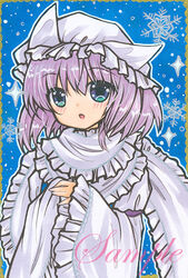  :o bad_id bad_pixiv_id blue_background blue_eyes blue_vest blush female frilled_hat frilled_scarf frilled_sleeves frills hat juliet_sleeves letty_whiterock long_sleeves looking_at_viewer marker_(medium) medium_hair mob_cap open_mouth pink_hair puffy_sleeves rui_(sugar3) sample_watermark scarf shirt snowflake_background solo touhou traditional_media upper_body vest watermark white_hat white_scarf white_shirt wide_sleeves 