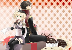  1boy animal_on_head argyle_background armor artist_name assassin_(ragnarok_online) back-to-back bag black_cat black_coat black_hair black_pants black_thighhighs blonde_hair candy cape cat_on_head chocolate chocolate_bar closed_mouth coat commentary_request cookie copyright_name cover cover_page dated doujin_cover eating feet_out_of_frame feline female food green_eyes holding holding_bag long_sleeves looking_afar looking_at_viewer muffin multicolored_coat negi_mugiya on_head open_mouth pants pauldrons priest_(ragnarok_online) purple_cape purple_shirt ragnarok_online red_coat shirt short_hair shoulder_armor sitting thighhighs torn_cape torn_clothes two-tone_coat waist_cape 