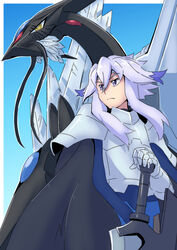  2boys armor cape cuadorn dragon gundam gundam_build_divers gundam_build_divers_re:rise highres holding holding_sword holding_weapon long_hair looking_to_the_side multiple_boys origami_yakko purple_eyes purple_hair shidou_masaki short_hair_with_long_locks sid_(gundam_build_divers_re:rise) sword weapon yellow_eyes 