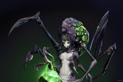  abathur alien black_sclera breasts brown_hair claws colored_sclera commentary commission dark_background english_commentary extra_arms female gradient_background green_background green_eyes highres looking_at_viewer medium_breasts monster monster_girl navel overlord_(overlord80000) personification sharp_teeth signature solo starcraft stomach teeth zerg_(starcraft) 