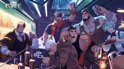  6+boys absurdres alca_(wakatanka4) animal_ears antonio_(gyee) bara beard black_hair black_tank_top black_vest blush bottle creed_(gyee) dice drunk duran_(gyee) facial_hair fake_animal_ears formal gany_(gyee) grin gyee highres indoors jacket jacket_on_shoulders large_pectorals lion_boy lion_ears lion_tail long_sideburns male_focus male_playboy_bunny mature_male multiple_boys muscular muscular_male necktie nipple_slip nipples off_shoulder official_art pectoral_cleavage pectorals poker_chip poker_table rabbit_ears red_eyes red_necktie short_hair sideburns sidepec single_bare_shoulder sleeping smile spiked_hair suspenders table tail takashi_(gyee) tank_top thick_eyebrows two-tone_beard vest zixiong_zix 