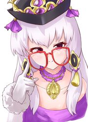  bare_shoulders bespectacled black_hat blush closed_mouth collar commentary_request female fire_emblem fire_emblem:_three_houses fire_emblem_heroes glasses gloves hair_ornament hat highres lillian8710 long_hair lysithea_von_ordelia lysithea_von_ordelia_(a_new_future) official_alternate_costume pink_eyes purple_collar red-framed_eyewear simple_background smile solo upper_body white_background white_gloves white_hair 