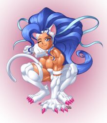  2022 4_toes 5_fingers animal_humanoid blue_eyes blue_hair breasts capcom claws darkstalkers feet felicia_(darkstalkers) felid felid_humanoid feline feline_humanoid female fingers fur hair hi_res humanoid long_hair looking_at_viewer mammal mammal_humanoid muscular muscular_female muscular_humanoid one_eye_closed rongs1234 signature simple_background smile solo tan_body tan_skin toes white_body white_fur wink 