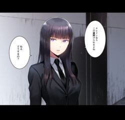  biomega black_hair breasts collared_shirt female formal highres letterboxed long_hair looking_at_viewer necktie nyaldee open_mouth purple_eyes sakuma_tsukasa shirt solo suit translation_request 