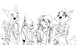  absurd_res acting anthro canid canine chew_toy clothed clothing costume cowboy_hat disney female fish fox gloves group handwear hare hat headgear headwear hi_res jack_savage jaff96 judy_hopps lagomorph leporid male mammal marine monochrome nick_wilde overalls rabbit red_fox salmon salmonid_(fish) skye_(zootopia) swift_fox true_fox zootopia 