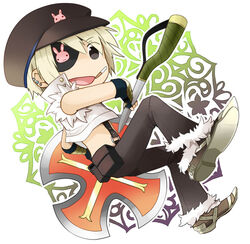  1boy axe black_pants blonde_hair blue_gloves brown_footwear brown_hat chibi cigarette commentary_request crop_top earrings eyepatch fingerless_gloves flat_cap full_body fur-trimmed_pants fur_trim gauntlets gloves hat holding holding_axe jewelry looking_at_viewer male_focus negi_mugiya open_clothes open_mouth open_shirt pants pouch ragnarok_online shirt shoes short_hair solo suspenders torn_clothes torn_shirt white_background white_shirt whitesmith_(ragnarok_online) 