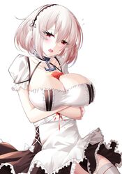  azur_lane blush breasts choker cleavage commentary dress female frilled_choker frills hair_between_eyes highres large_breasts medium_hair red_eyes scrunchie simple_background sirius_(azur_lane) solo thighhighs white_dress white_hair white_thighhighs wrist_scrunchie yan_lie 