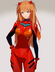  blue_eyes bodysuit breasts commentary cowboy_shot female hair_ornament hand_on_own_hip highres korean_commentary light_smile long_hair looking_at_viewer medium_breasts neon_genesis_evangelion orange_hair pilot_suit plugsuit red_bodysuit science_fiction simple_background solo souryuu_asuka_langley standing takssmask 