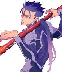  1boy angry armor artist_name back blue_bodysuit blue_hair bodysuit cu_chulainn_(fate) cu_chulainn_(fate/stay_night) earrings english_commentary fate/stay_night fate_(series) from_behind gae_bolg_(fate) holding holding_polearm holding_weapon jewelry long_hair long_sleeves looking_at_viewer looking_back male_focus muscular muscular_male omoshiroi open_mouth pauldrons polearm polearm_behind_back ponytail red_eyes shoulder_armor simple_background skin_tight solo spear spiked_hair weapon white_background 