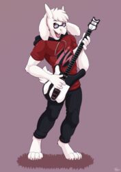  2019 4_toes anthro barefoot bottomwear bovid caprine clothed clothing denim denim_bottomwear denim_clothing dev_(scrangus) digital_media_(artwork) electric_guitar eyewear feet fur furryratchet glasses goat guitar hi_res holding_musical_instrument holding_object hoodie jeans looking_at_viewer male mammal musical_instrument open_mouth pants playing_guitar playing_music plucked_string_instrument rickenbacker_(company) shirt simple_background smile solo standing string_instrument toes topwear white_body white_fur 