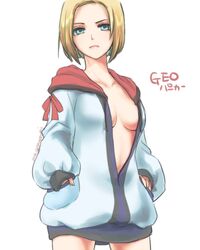  adapted_costume adventurer_(ff11) artist_name blonde_hair blue_eyes breasts center_opening closed_mouth collarbone cowboy_shot female final_fantasy final_fantasy_xi frown geomancer_(final_fantasy) hands_in_pockets hood hood_down hooded_jacket hoodie hume jacket looking_at_viewer naked_jacket puffy_sleeves saku_ff11 short_hair simple_background sleeves_past_wrists solo white_background white_jacket 