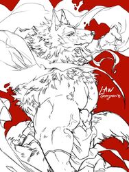  2019 anthro canid canine canis facial_hair fur law_(sdorica) male mammal muscular muscular_anthro muscular_male nipples orenjimaru red_background sdorica simple_background solo wolf 