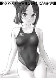  :3 breasts collarbone commentary_request competition_swimsuit cowboy_shot female folded_ponytail greyscale hair_ribbon highres kaguya-sama_wa_kokurasetai_~tensai-tachi_no_renai_zunousen~ long_hair looking_at_viewer mizuno_(brand) monochrome one-piece_swimsuit parted_bangs ribbon shinomiya_kaguya simple_background sitting small_breasts solo swimsuit thigh_gap tk4 