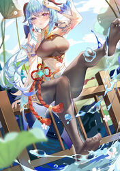  absurdres arm_up bell black_pantyhose blue_hair blurry blush bodystocking breasts chinese_knot depth_of_field detached_sleeves feet female flower_knot foot_up ganyu_(genshin_impact) genshin_impact goat_horns gold_trim hair_between_eyes highres horns large_breasts long_hair looking_at_viewer neck_bell no_shoes on_railing outdoors pantyhose parted_lips purple_eyes railing sidelocks sitting solo splashing tassel very_long_hair vision_(genshin_impact) water xiongshouji 