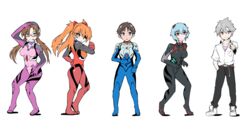  2boys 3girls aqua_eyes arm_up ayanami_rei belt black_pants blue_eyes blue_hair breasts brown_belt brown_hair closed_mouth collared_shirt dancing evangelion:_3.0_you_can_(not)_redo eyepatch glasses grey_hair hairband hand_in_pocket hisone_to_masotan ikari_shinji le_temps_de_la_rentree_(hisone_to_masotan) long_hair makinami_mari_illustrious multiple_boys multiple_girls nagisa_kaworu neon_genesis_evangelion nexas orange_eyes orange_hair pants parody plugsuit pointing pointing_at_viewer purple_eyes rebuild_of_evangelion red-framed_eyewear red_eyes school_uniform semi-rimless_eyewear shirt shoes short_hair short_sleeves souryuu_asuka_langley standing tokyo-3_middle_school_uniform tongue tongue_out twintails undershirt white_background white_footwear white_shirt 