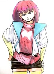  anice_farm anice_farm_(cosplay) bad_id bad_twitter_id chouon_senshi_borgman cosplay female grey_eyes gundam gundam_zz haman_karn hand_on_own_hip k1y054 long_hair looking_down marker_(medium) pink_hair solo traditional_media white_background 