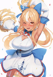  ;d absurdres arm_up armpits bare_shoulders blonde_hair blue_bow blush bow bowtie breasts cleavage cleavage_cutout clothing_cutout commentary_request confetti cowboy_shot dark-skinned_female dark_elf dark_skin detached_sleeves dress elf female floating_hair garter_straps gloves hairbow half_gloves high_ponytail highres hololive large_breasts long_hair long_sleeves looking_at_viewer multicolored_hair one_eye_closed orange_eyes outstretched_arm pointy_ears pom_pom_(cheerleading) ponytail red_bow shiny_skin shiranui_flare shiranui_flare_(1st_costume) shore short_dress sidelocks simple_background sky smile solo streaked_hair sweat thighhighs tousaki_(tousakiworks) virtual_youtuber white_background white_bow white_dress white_gloves white_hair white_thighhighs wide_sleeves 