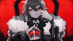  1boy coojisan crown flower fur_trim hair_flower hair_ornament hanasaki_miyabi highres holostars king_(vocaloid) looking_at_viewer male_focus open_mouth red_eyes red_hair short_hair sitting smile solo throne unworn_crown virtual_youtuber yellow_eyes 