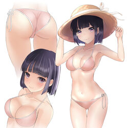  armpits arms_up ass ass_visible_through_thighs bare_arms bare_shoulders bikini black_hair blunt_bangs blush bob_cut breasts brown_headwear cleavage closed_mouth collarbone commentary female halterneck hands_on_headwear hat hat_ribbon highres iwanishi looking_at_viewer medium_breasts multiple_views navel original pink_bikini purple_eyes ribbon short_hair side-tie_bikini_bottom simple_background smile stomach string_bikini sun_hat swimsuit thigh_gap white_background white_ribbon 