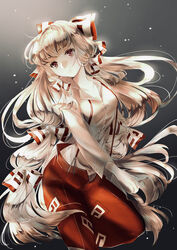  absurdres artistic_error bad_anatomy bow breasts bright_pupils cleavage closed_mouth collarbone commentary_request dark_background expressionless eyebrows_hidden_by_hair female floating foot_out_of_frame fujiwara_no_mokou gradient_background grey_background grey_hair hairbow highres light_particles long_hair long_sleeves looking_ahead medium_breasts nose ofuda red_eyes shirt simple_background solo suspenders touhou urushimaru0701 very_long_hair white_bow white_shirt 