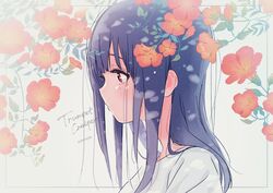  amayadori_uki blue_hair blush closed_mouth dated female flower from_side hibike!_euphonium liz_to_aoi_tori long_hair plant red_eyes shirt simple_background solo trumpet_creeper upper_body white_background white_shirt yoroizuka_mizore 