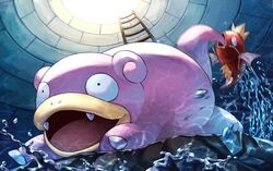  akiwashi black_eyes blurry commentary_request fangs fish from_below ladder lying magikarp no_humans on_stomach open_mouth pokemon pokemon_(creature) slowpoke slowpoke_well tongue water water_drop 