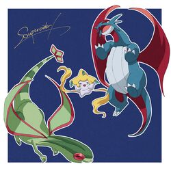  :d absurdres akiwashi blue_background border claws closed_eyes commentary_request fangs flygon highres jirachi no_humans open_mouth outline outside_border pokemon pokemon_(creature) salamence signature smile tongue white_border 