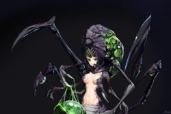  abathur alien black_sclera breasts brown_hair claws colored_sclera commentary commission dark_background english_commentary extra_arms female gradient_background green_background green_eyes highres looking_at_viewer medium_breasts monster monster_girl navel overlord_(overlord80000) personification sharp_teeth signature solo starcraft stomach teeth zerg_(starcraft) 