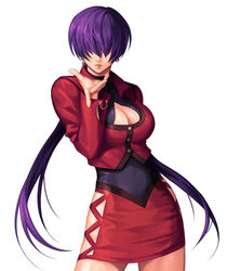  breasts buttons cleavage cleavage_cutout clothing_cutout commentary_request covered_navel cropped_jacket earrings evilgun female fingernails hair_over_eyes hand_up highres jacket jewelry large_breasts long_hair long_sleeves low_twintails miniskirt orochi_shermie outstretched_hand parted_lips photoshop_(medium) purple_hair red_jacket red_skirt shermie_(kof) shiny_skin simple_background skirt smile snk solo the_king_of_fighters the_king_of_fighters_&#039;97 twintails white_background 