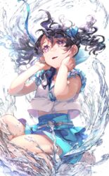  bad_id bad_pixiv_id bare_arms black_hair blouse blue_ribbon blue_skirt commentary female fukumaru_koito hair_ribbon highres idolmaster idolmaster_shiny_colors long_hair oerba_yun_fang purple_eyes ribbon shirt skin_fang skirt sleeveless solo splashing taki_(tkai40) twintails water white_background white_shirt wind 