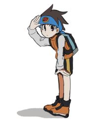  1boy backpack bag brown_eyes brown_hair hand_on_head headband lan_hikari_(mega_man) long_sleeves male_focus mega_man_(series) mega_man_battle_network_(series) oso_rko short_hair shorts vest white_background 