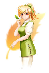  blonde_hair brown_eyes collar commentary_request dress female green_dress green_ribbons hair_ribbon highres holding holding_leaf leaf leaf_background looking_at_viewer medium_hair monster_farm pipoo ponytail ribbon signature smile solo solomon_no_kagi verde_(monster_farm) 