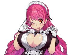  ;p aizono_manami aizono_manami_(1st_costume) breasts cleavage cleavage_cutout clothing_cutout commentary_request female huge_breasts long_hair maid maid_headdress nijisanji one_eye_closed pink_hair short_eyebrows solo thick_eyebrows tongue tongue_out upper_body virtual_youtuber yukinojou_yakan 