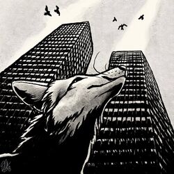  1:1 2018 ambiguous_gender avian bird building canid canine city detailed_background feral fox group hi_res kippycube low-angle_view mammal monochrome sky solo_focus whiskers world_trade_center 