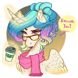  1:1 absurd_res alicorn beverage black_eyebrows black_lips blonde_hair blue_hair brown_eyewear brown_glasses bust_portrait clothed clothing coffee conditional_dnp dialogue earthsong9405 english_text equid equine eyebrows eyewear feathered_wings feathers friendship_is_magic fur glasses glowing glowing_horn hair hasbro hi_res horn horn_magic levitation lidded_eyes lips magic mammal mostly_nude multicolored_hair my_little_pony mythological_creature mythological_equine mythology pink_clothing pink_eyes pink_hair pink_scarf portrait princess_celestia_(mlp) purple_hair purple_text question_mark reaction_image scarf scarf_only simple_background solo spread_wings text wings yellow_body yellow_ears yellow_feathers yellow_fur yellow_horn yellow_wings 