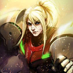  amrrr blonde_hair blue_eyes clenched_hand closed_mouth female hair_tie metroid ponytail power_suit samus_aran scar scar_on_cheek scar_on_face scar_on_forehead scar_on_nose sidelocks solo varia_suit web_address 