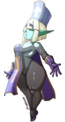  absurd_res blonde_hair bodysuit breasts clothed clothing cosplay dragon_quest female footwear goblin green_body hair hat headgear headwear healer_(dragon_quest) hi_res humanoid not_furry nuclearwasabi shoes short_stack side_boob side_view simple_background skinsuit solo square_enix thick_thighs tight_clothing white_background wide_hips 