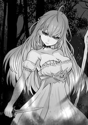  ahoge breasts choker cleavage commentary_request detached_sleeves dress empty_eyes female forest greyscale holding holding_weapon knife large_breasts long_hair monochrome nature nijisanji puffy_short_sleeves puffy_sleeves short_sleeves solo staff strapless strapless_dress takamiya_rion takamiya_rion_(2nd_costume) tree virtual_youtuber weapon yukinojou_yakan 