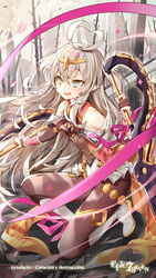  absurdres ahoge ascot bare_shoulders black_pantyhose blonde_hair boots breasts dual_wielding elbow_gloves epic_seven female flat_chest gloves green_eyes hair_ornament highres holding jewelry leotard lilibet_(epic_seven) long_hair official_art on_one_knee open_mouth pantyhose partially_fingerless_gloves pink_ribbon pointy_ears ribbon scissor_blade_(kill_la_kill) scissors sharp_teeth small_breasts solo sword teeth very_long_hair weapon white_footwear white_leotard 