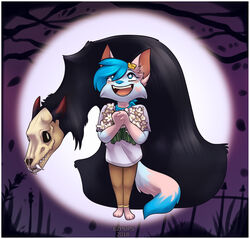  2018 ambiguous_gender anthro bandana bani_(ezpups) blue_eyes blush bone bottomwear clothed clothing demon demon_bani digital_drawing_(artwork) digital_media_(artwork) domestic_cat duo ears_back ezpups fangs felid feline felis female_(lore) flower fluffy fluffy_tail gloves_(marking) hair hair_over_eye hi_res kerchief mammal markings one_eye_obstructed open_mouth open_smile pants pivoted_ears plant prick_ears shaded shirt skull skull_head smile soft_shading t-shirt tail teeth topwear 