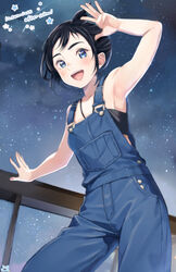  :d arm_up armpits black_hair blue_eyes breasts copyright_name denim female highres kimi_wa_houkago_insomnia magari_isaki night night_sky outdoors overalls samenoido short_hair sky small_breasts smile solo standing star_(sky) starry_sky 