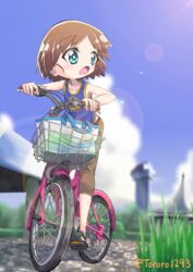  absurdres bag bicycle black_footwear blue_eyes blue_shirt blue_sky blurry blurry_background blurry_foreground brown_hair brown_pants capri_pants casual cloud cloudy_sky commentary depth_of_field female girls_und_panzer grass highres lens_flare looking_to_the_side ooarai_marine_tower open_mouth outdoors pants riding riding_bicycle sakaguchi_karina sandals shirt short_hair sky solo tank_top twitter_username yamakake_(tororo1293) 