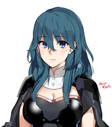  armor black_armor blue_eyes blue_hair bodice breasts bustier byleth_(female)_(fire_emblem) byleth_(fire_emblem) capelet cleavage female fire_emblem fire_emblem:_three_houses hair_between_eyes highres medium_hair oliver_koito short_sleeves shoulder_armor simple_background solo turtleneck upper_body white_background 