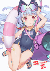  bandaid bandaid_on_leg bandaid_on_thigh blue_hair blue_one-piece_swimsuit blunt_bangs breasts collarbone commentary_request commission covered_navel diving_mask diving_mask_on_head female flip-flops full_body goggles goggles_on_head guardian_tales hair_bobbles hair_ornament innertube jingai_modoki little_android_aa72 long_hair looking_at_viewer low_twintails name_tag old_school_swimsuit one-piece_swimsuit parted_lips pink_eyes sandals school_swimsuit simple_background skeb_commission small_breasts solo swim_ring swimsuit toes twintails whistle whistle_around_neck white_background 